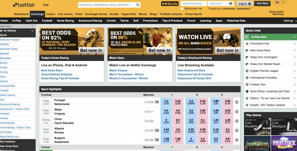 Screenshot of Betfair Web View